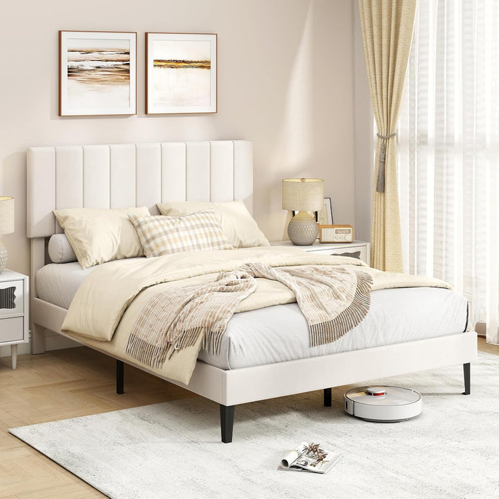 Giantex Queen/Full/Twin Size Upholstered Bed Frame Platform Bed with Height Adjustable Vertical Channel Headboard
