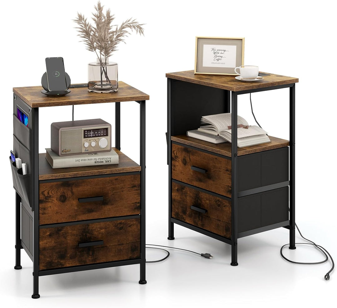 Giantex Nightstand with Charging Station, Industrial Bedside Table with 2 Fabric Drawers &amp; 6 Storage Pockets