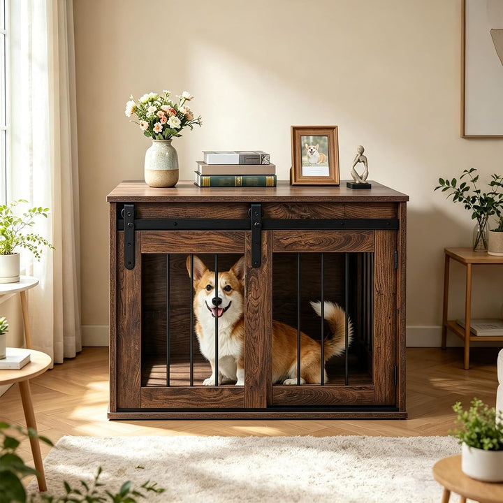 GIANTEX 31.5" Dog Crate Furniture with Sliding Barn Door, Wooden Dog Kennel | Heavy Duty Wood Pet Cage End Side Table