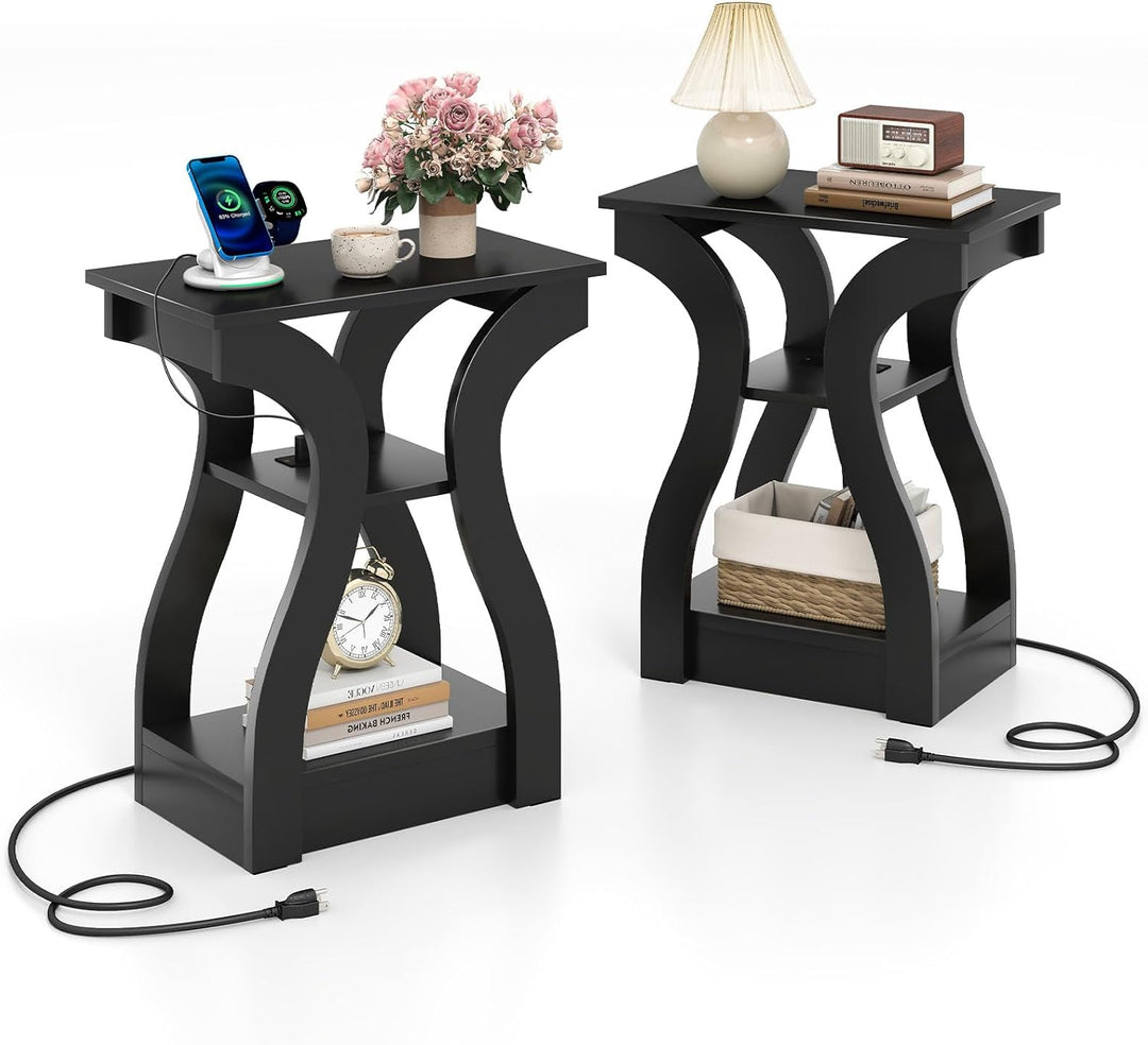 Giantex End Tables with Charging Station Set of 2 Narrow Sofa Side Tables with Open Storage Shelves