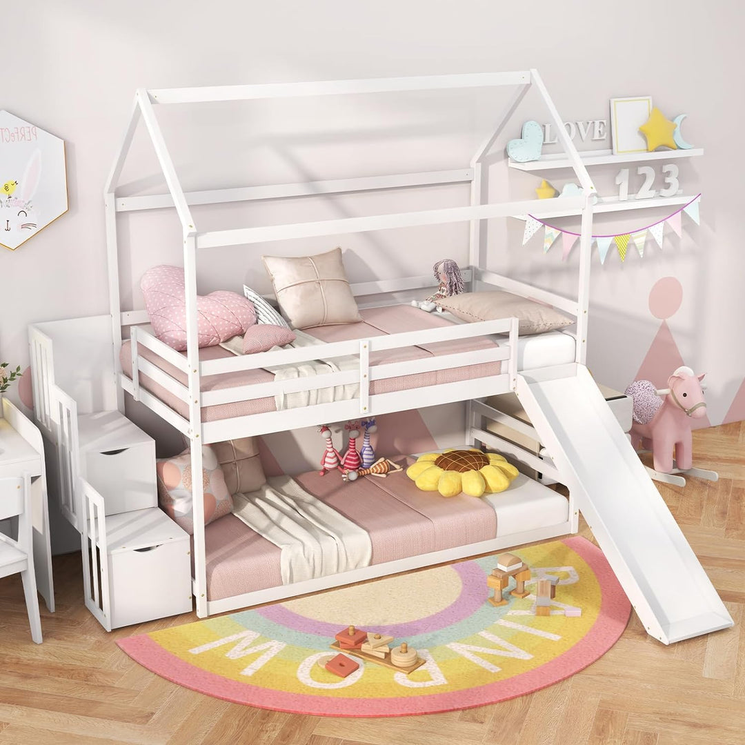 Giantex House Bunk Bed Twin Over Twin with Slide and Storage Stairs, Solid Wood Low Loft Bed Frame with Roof &amp; Guardrail