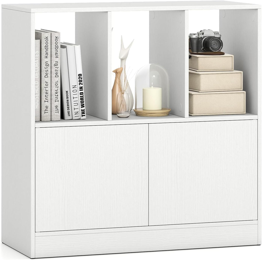 Giantex 3-Cube Bookcase with Doors | 3-Tier Cubic Bookshelf w/Open Compartments &amp; Cabinet