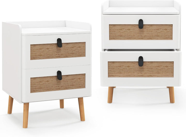 Giantex Rattan Nightstand, Boho 2/3-Drawer Dresser with 4 Solid Wood Legs