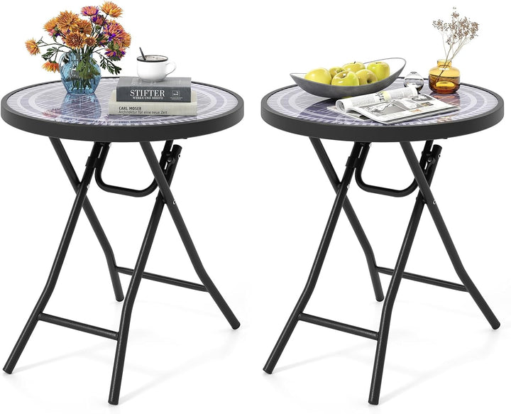 Giantex Folding Outdoor Side Table - 18” Round End Table with Tempered Glass Tabletop &amp; Metal Frame