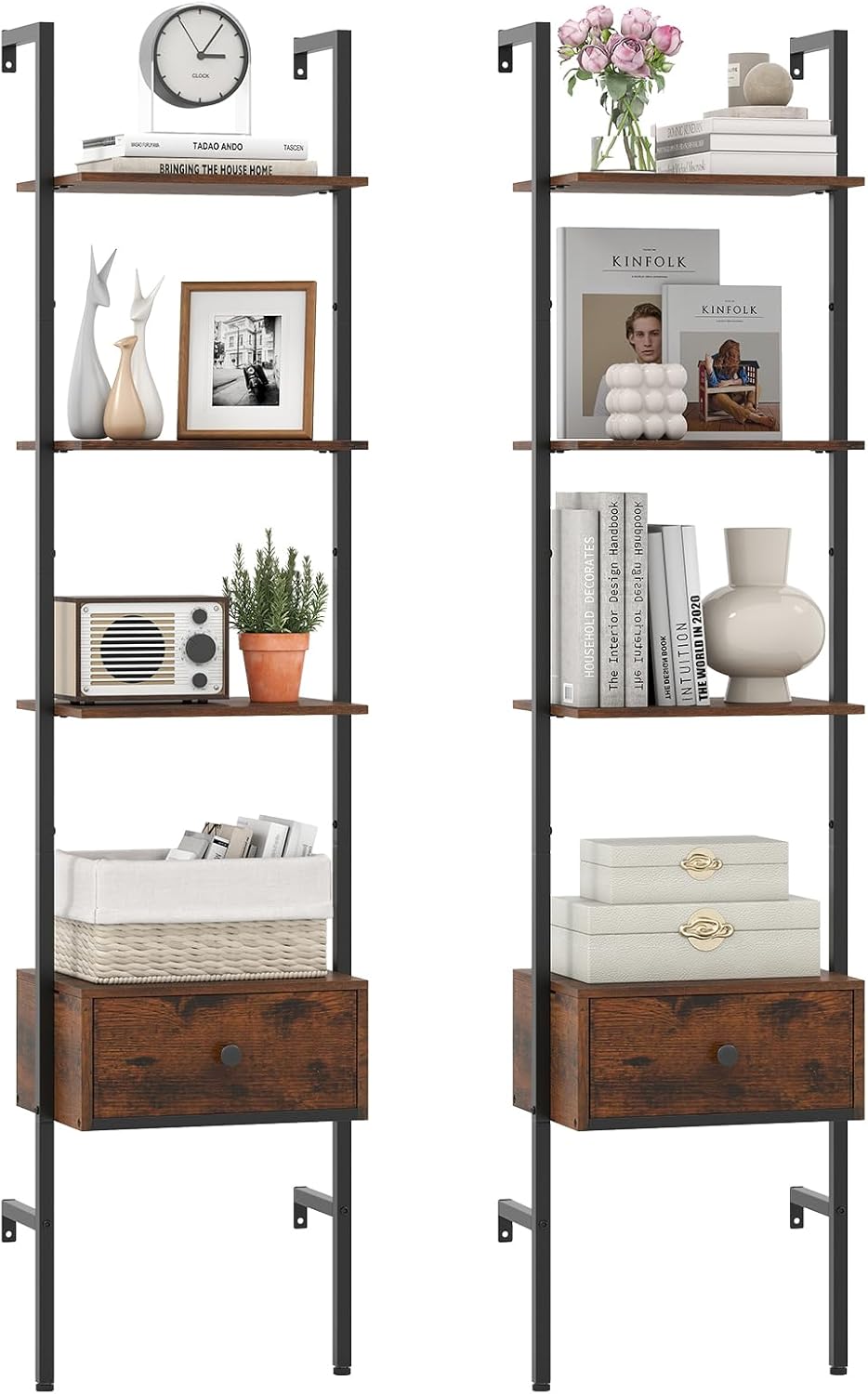 Giantex 5-Tier Ladder Bookcase with Drawer 70" Tall Wall-Mounted Bookshelf with Metal Frame
