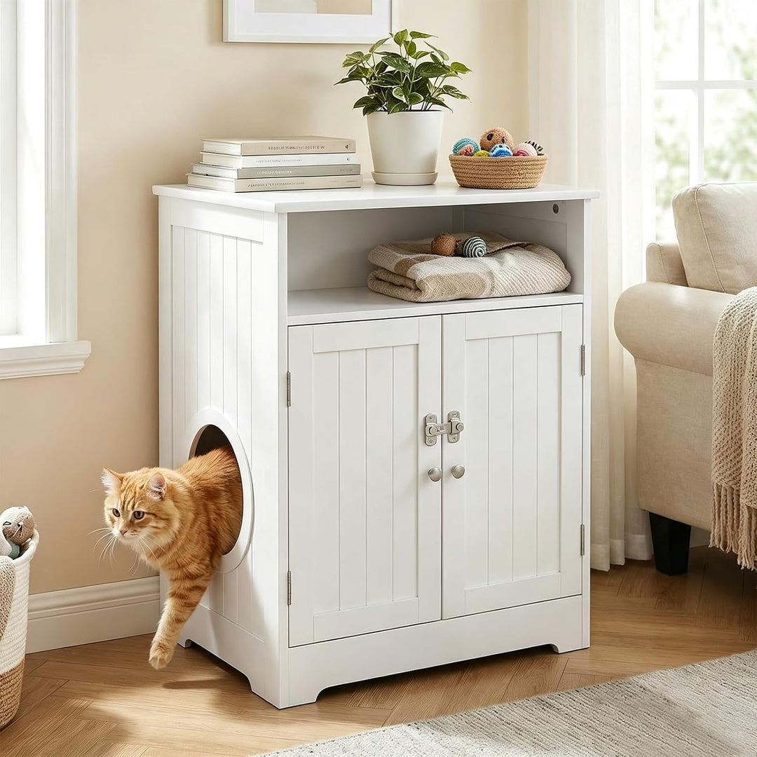 GIANTEX Cat Litter Box Enclosure, Hidden Litter Box Furniture with Mat | Wooden Kitty Washroom Cabinet