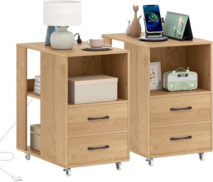 Giantex End Table with Charging Station - Night Stand on Wheels