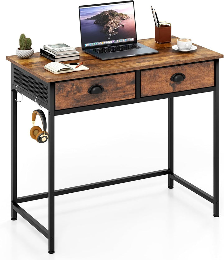 Giantex Small Computer Desk with Fabric Drawers, 36 Inch Home Office Desk with 4 Hanging Hooks &amp; Metal Frame