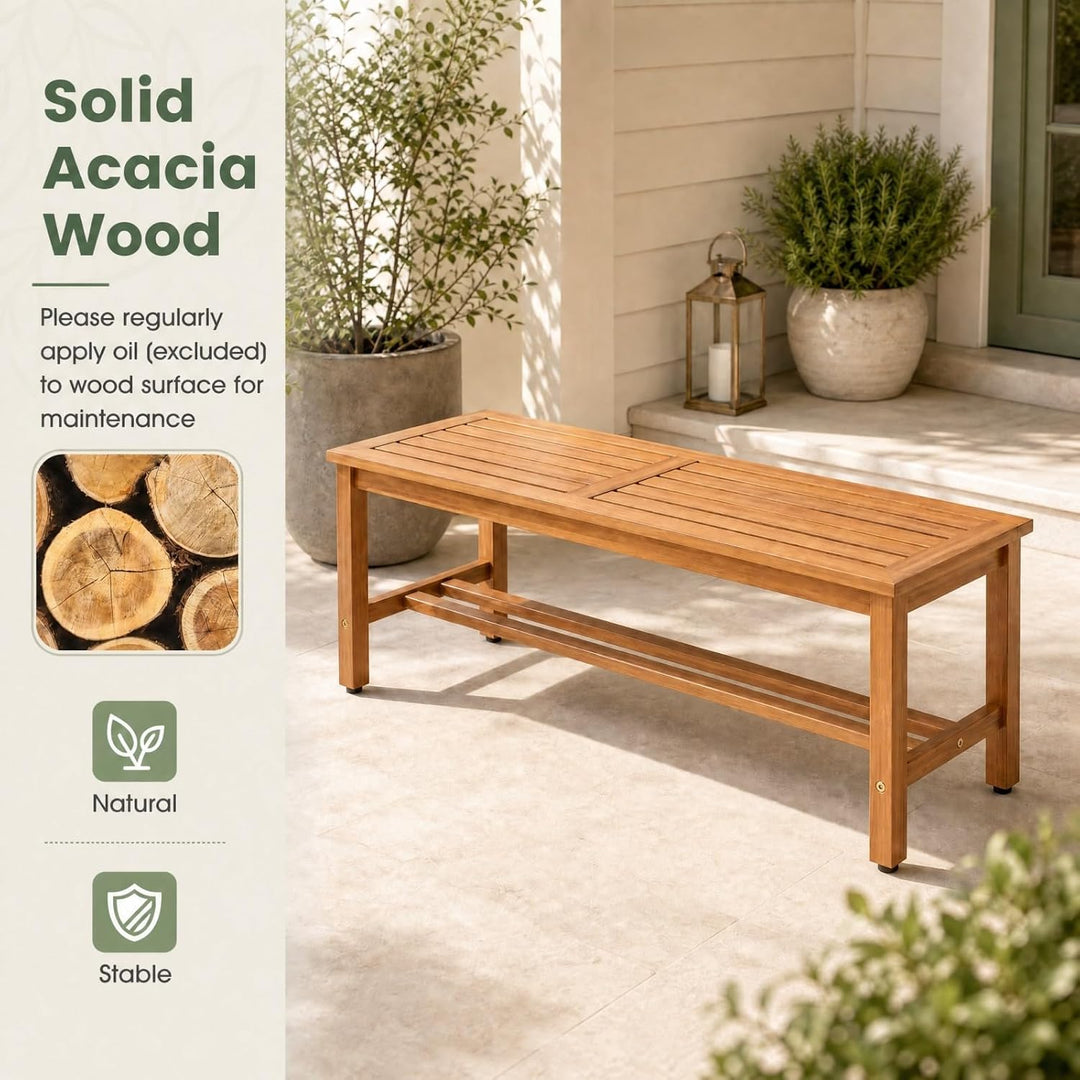 Giantex Outdoor Wooden Bench 2-Person Patio Bench w/Slatted Seat | Acacia Wood Garden Bench with Adjustable Foot Pads for Porch