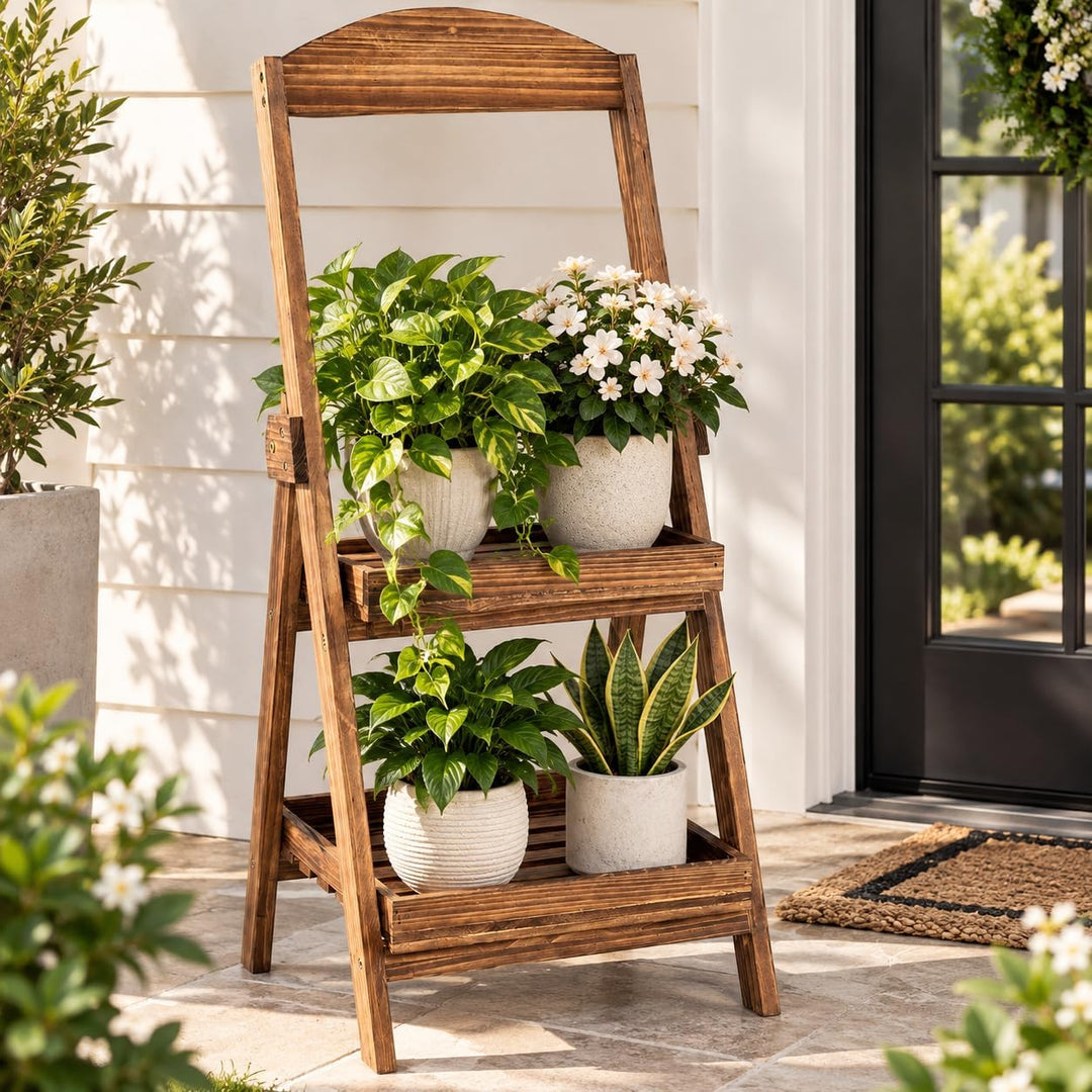GIANTEX 2-Tier Ladder Plant Stand, Fir Wood Flower Pot Shelf, Rustic Brown