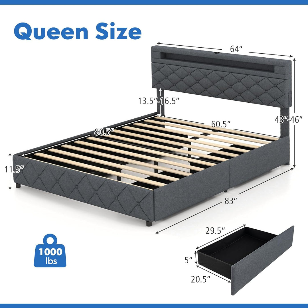 Giantex Queen/Full Size Bed Frame with Storage Headboard and 4 Drawers, Modern Upholstered Platform Bed with Charging Station
