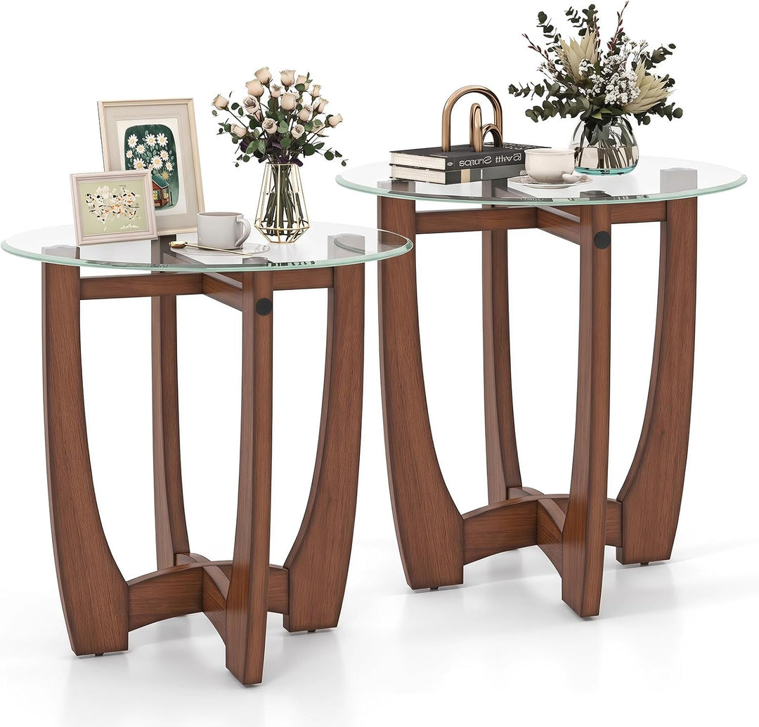 Giantex Glass End Table, Round Side Table with Rubber Wood Frame &amp; Tempered Glass Top, 23.5" Small Black Coffee Table