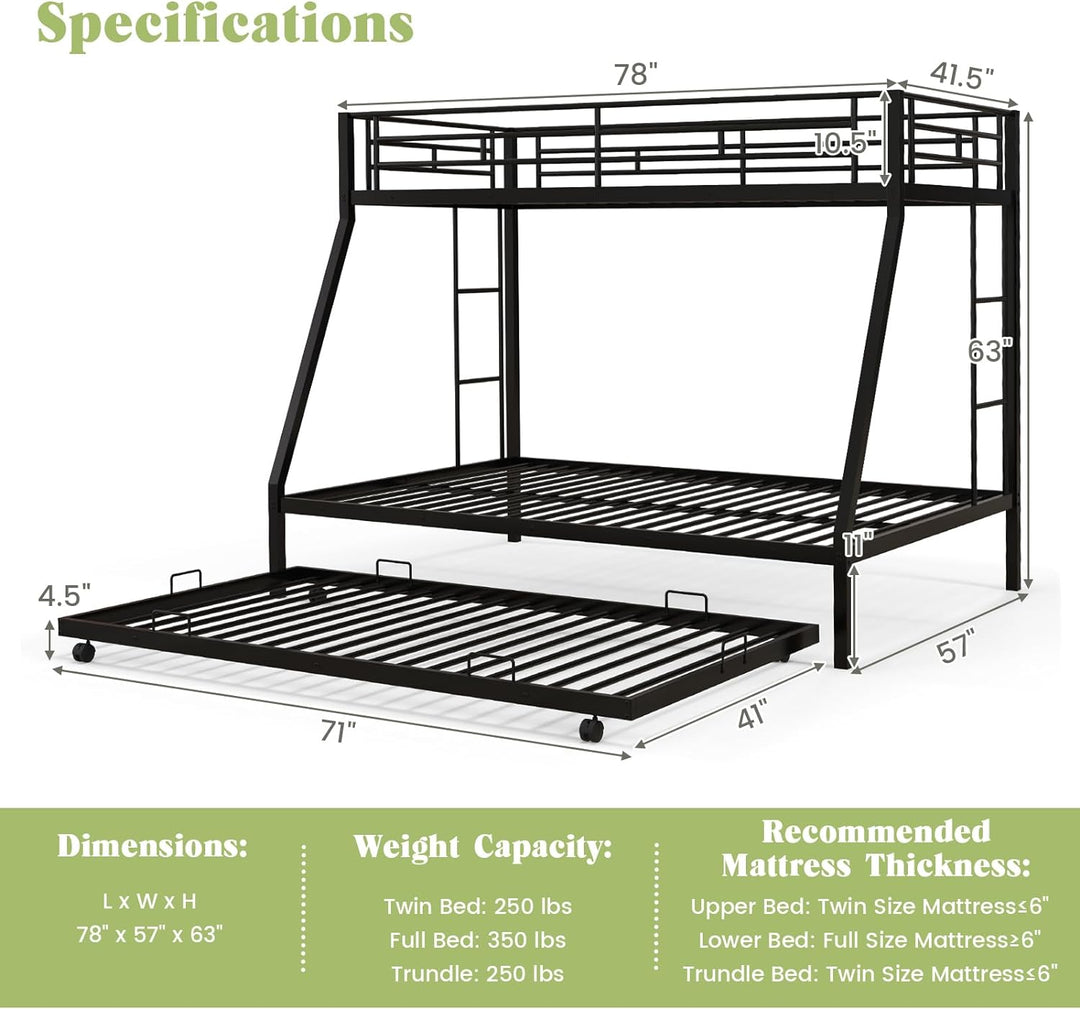 Giantex Twin Over Full Bunk Bed with Trundle, Heavy-Duty Metal Triple Bunk Beds w/Two Side Ladders &amp; Safety Guard Rail, Black