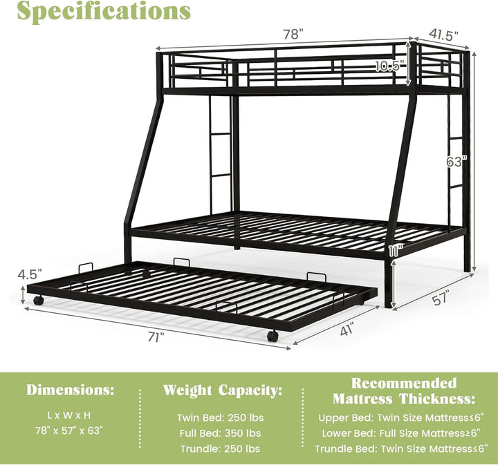 Giantex Twin Over Full Bunk Bed with Trundle, Heavy-Duty Metal Triple Bunk Beds w/Two Side Ladders &amp; Safety Guard Rail, Black
