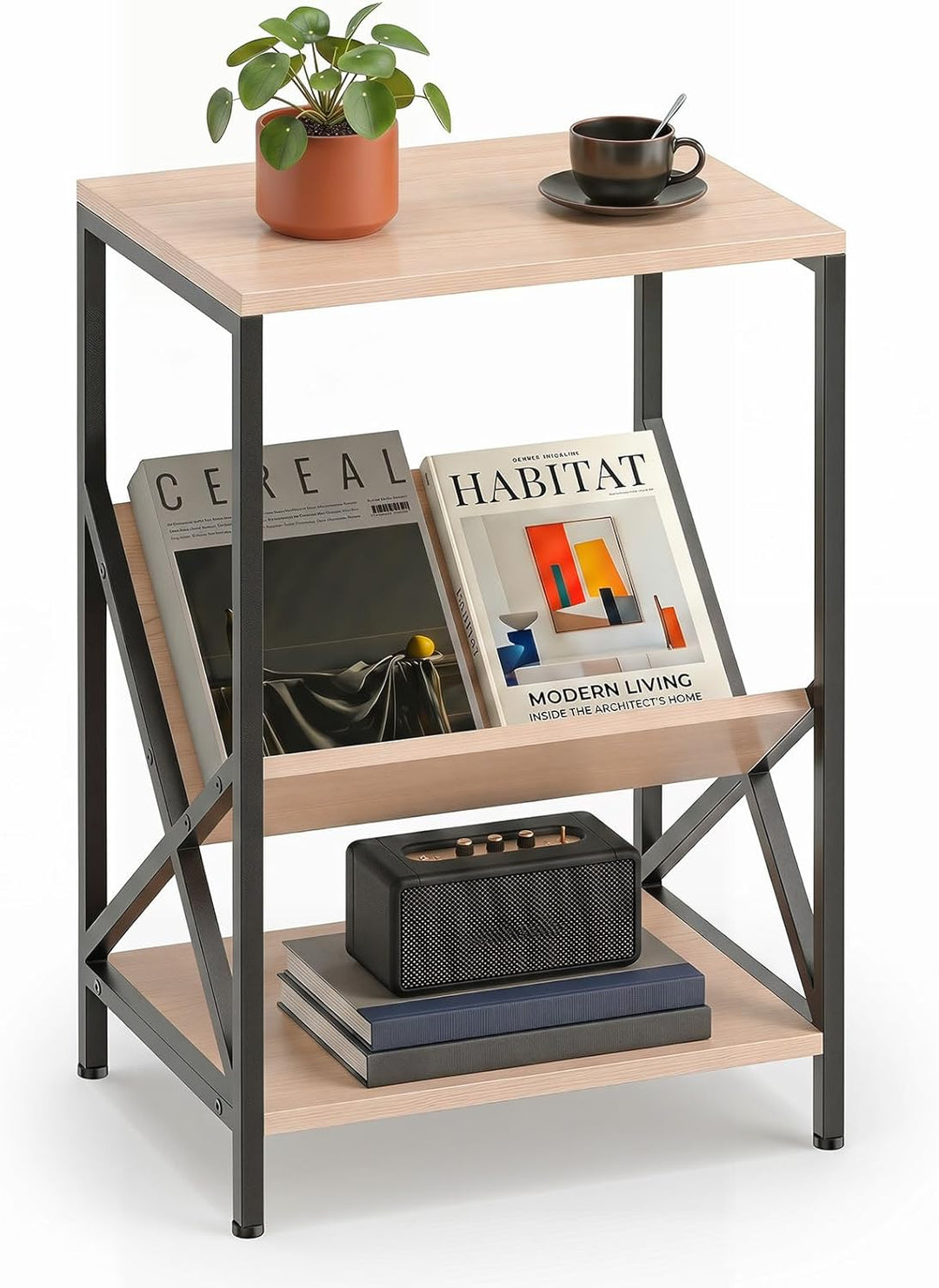 Giantex Record Player Stand, 3-Tier End Table w/ V-Shaped Magazine Holder, Turntable Stand with Record Storage Up to 80 Albums