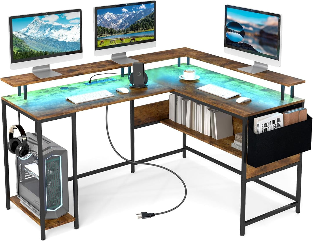 Giantex L Shaped Desk with LED Light &amp; Power Outlets Ergonomic Home Office Desk