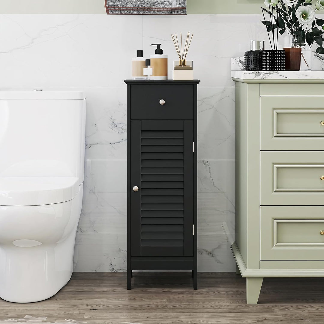 GIANTEX Bathroom Floor Storage Cabinet with Door and Drawer, Black | Freestanding Side Cabinet with 3-Height Adjustable Shelf