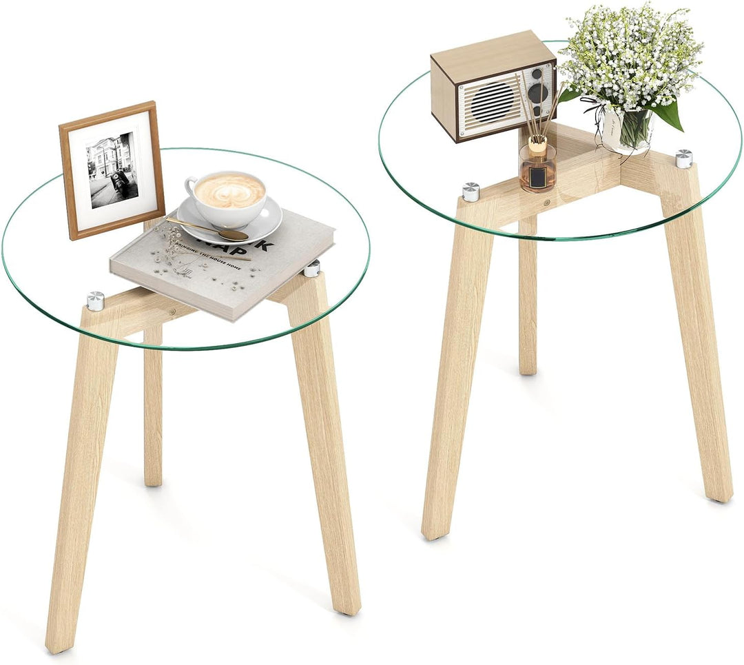 Giantex Glass Round Side Table w/Tempered Glass Top &amp; Rubber Wood Frame