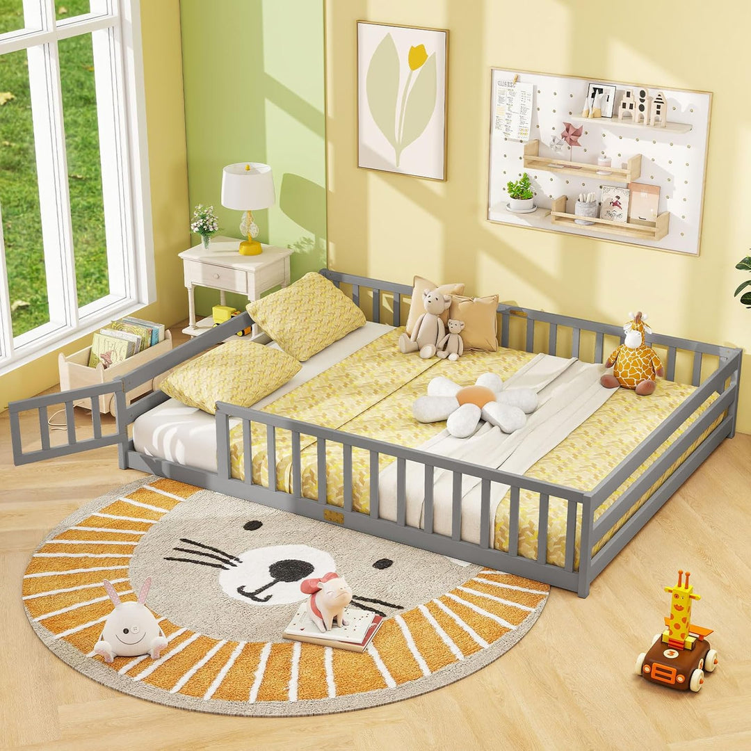 Giantex Floor Bed with Door &amp; Fence Kids Wood Montessori Beds with Safety Guardrails