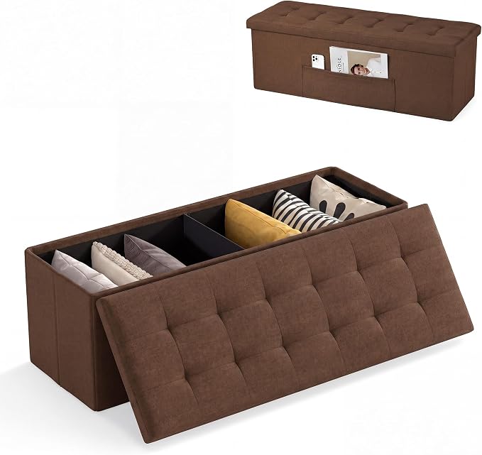 Giantex 43 Inches Folding Storage Ottoman Bench Upholstered Storage Chest with Side Pocket