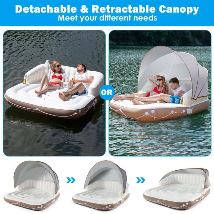 Giantex Canopy Island Inflatable Pool Float Comfortable Lounge Surface – Built-in Cup Holders – Detachable Sunshade – 440lb Max Weight Capacity