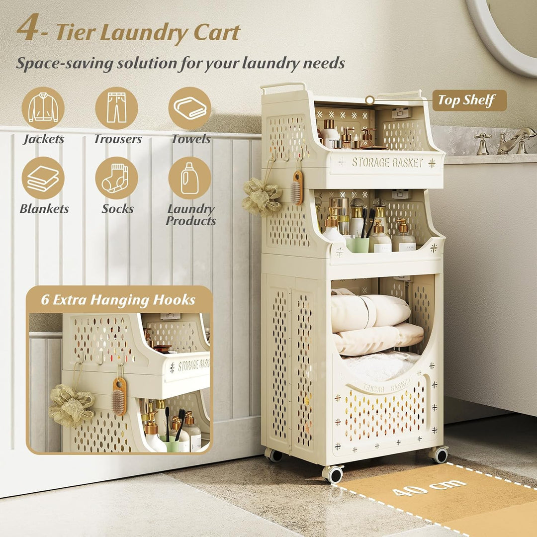 Giantex 4-Tier Rolling Laundry Cart with Wheels Folding Laundry Basket with 3 Baskets