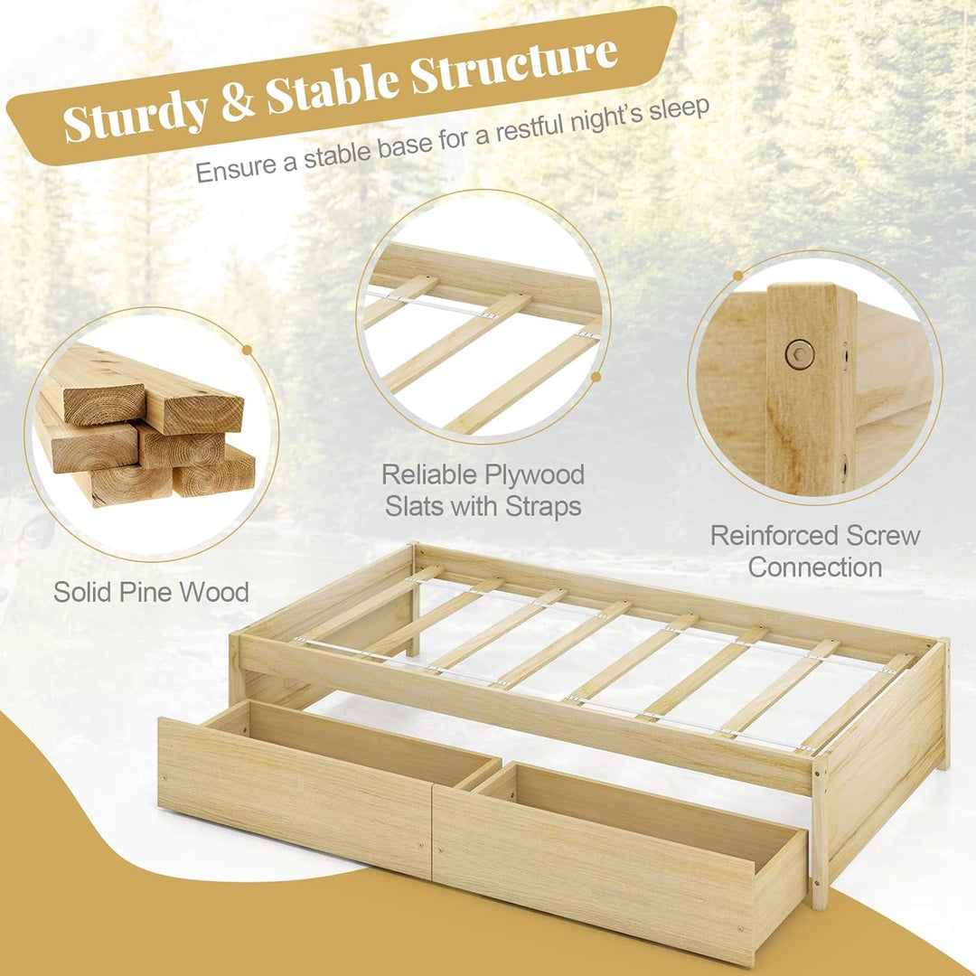 Giantex Queen/Full/Twin Size Bed Frame with 2 Storage Drawers, Solid Wood Platform Bed with Slats Support