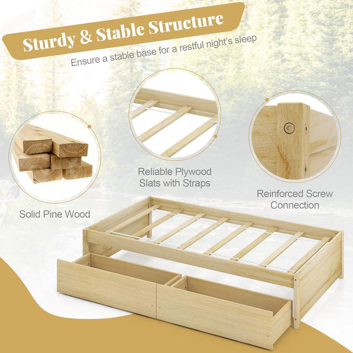 Giantex Queen/Full/Twin Size Bed Frame with 2 Storage Drawers, Solid Wood Platform Bed with Slats Support