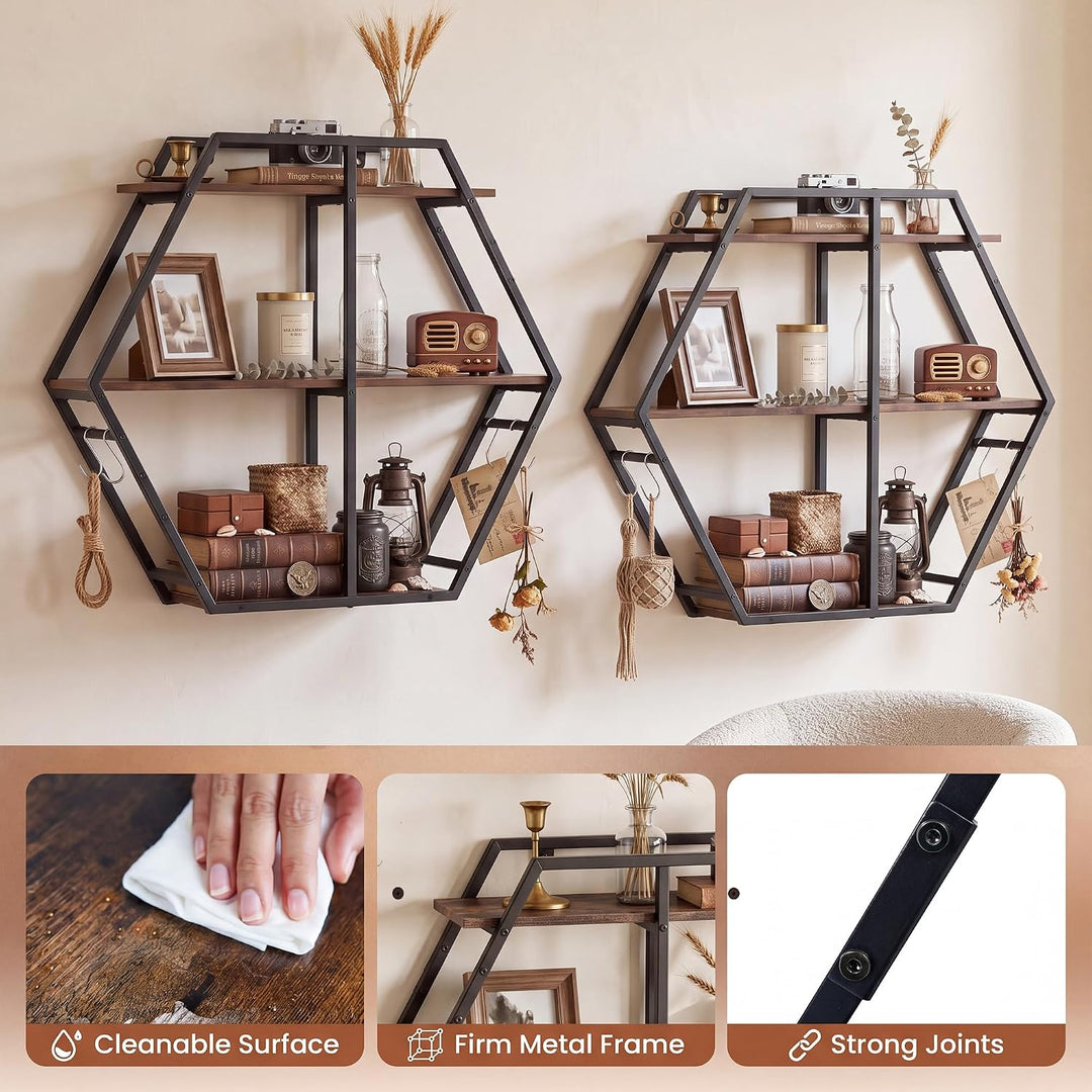 GIANTEX Industrial Hexagon Wall Shelf with 3-Tier Storage Shelves &amp; 4 Hooks | Decorative Wall Display Rack Unit with Metal Frame