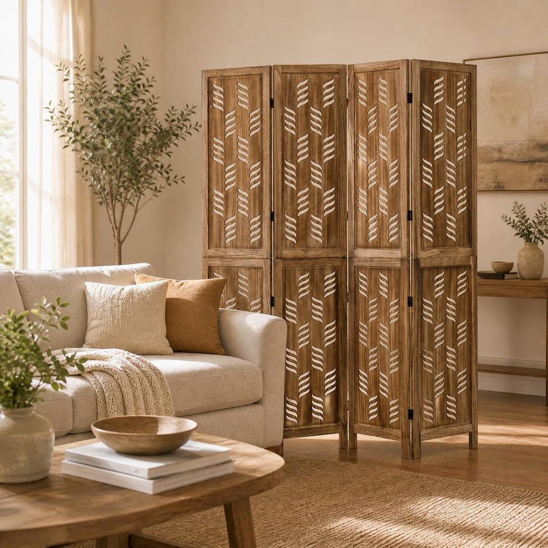 GIANTEX Folding Room Divider, Wood Privacy Screen with Wave Cutout | Freestanding Partition Wall Panel for Bedroom &amp; Home Office