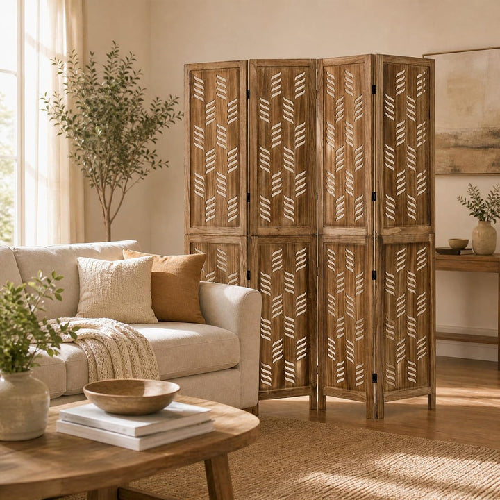 GIANTEX Folding Room Divider, Wood Privacy Screen with Wave Cutout | Freestanding Partition Wall Panel for Bedroom &amp; Home Office