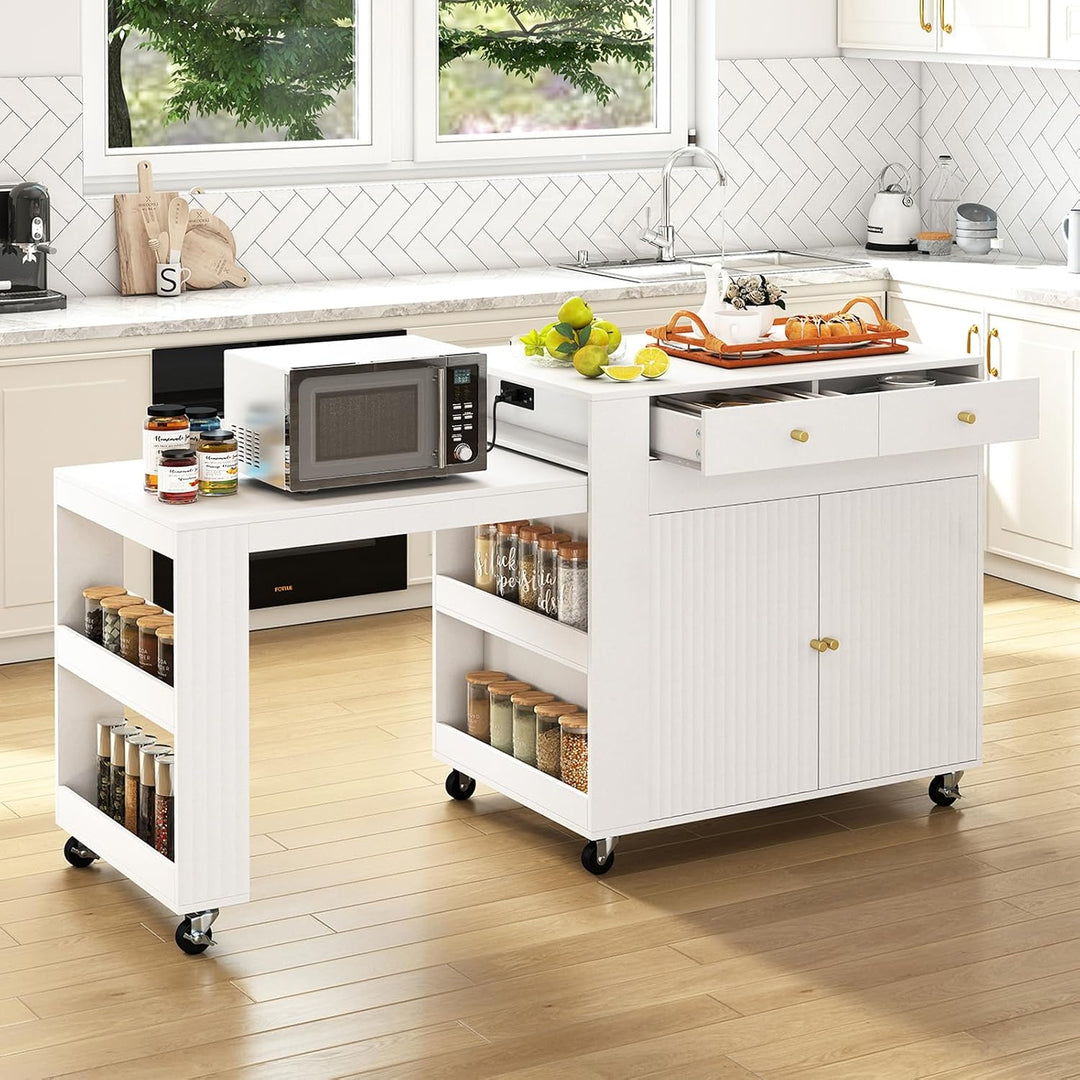 GIANTEX 72”-44.5” Extendable Kitchen Island with Storage, Power Outlet | Rolling Kitchen Island Table on Wheels w/Fluted Doors