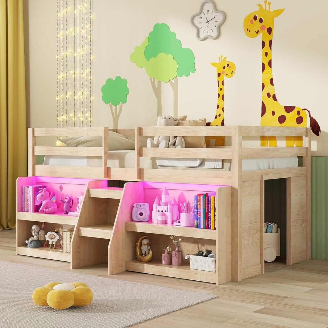Giantex Low Loft Bed with LED Lights, Wooden Twin Loft Bed with Stairs &amp; Safety Guardrail