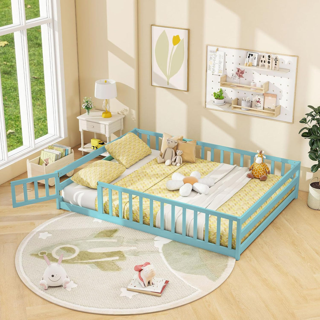 Giantex Floor Bed with Door &amp; Fence Kids Wood Montessori Beds with Safety Guardrails