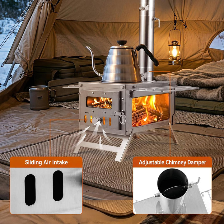 GIANTEX Hot Tent Stove, Portable Wood Burning Stove with 7 Chimney Pipes | 7.2 ft Stainless Steel Camping Wood Stove w/ Spark Arrestor