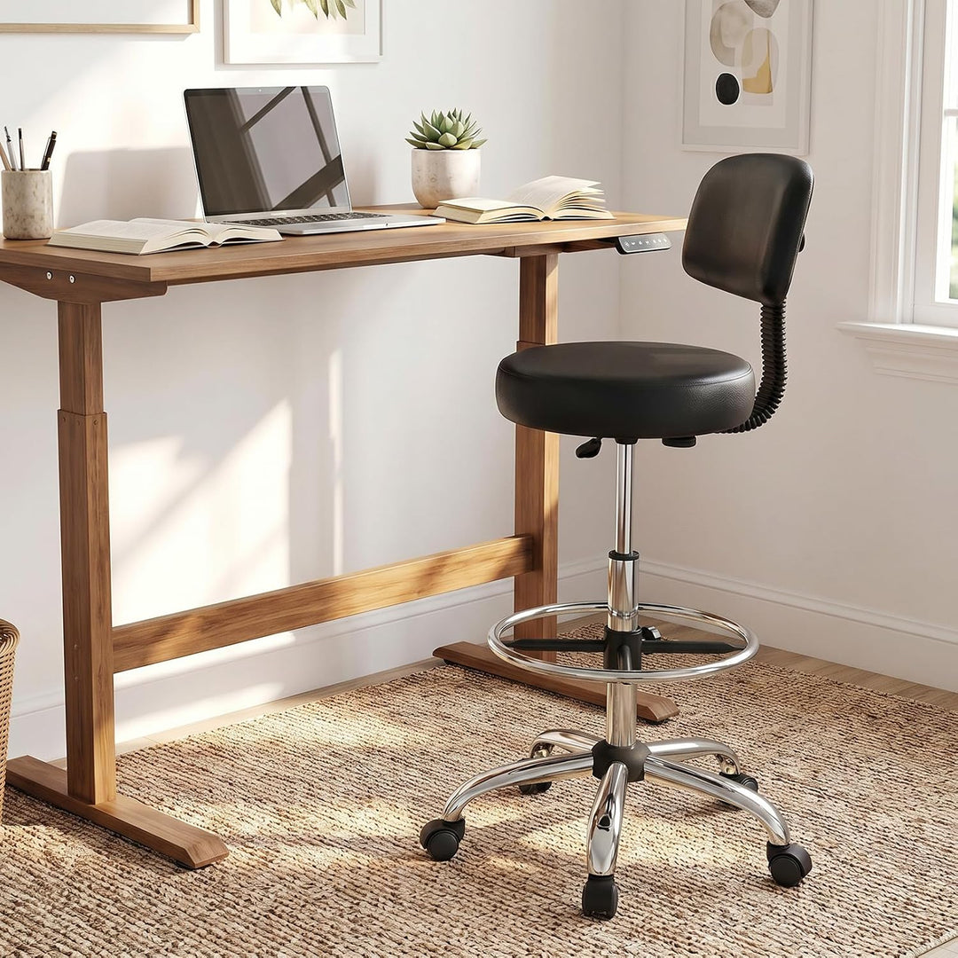 GIANTEX Drafting Chair with Back, Adjustable Foot Rolling Stool with Wheels | PVC Leather Tall Office Chair w/ Thickened Cushion