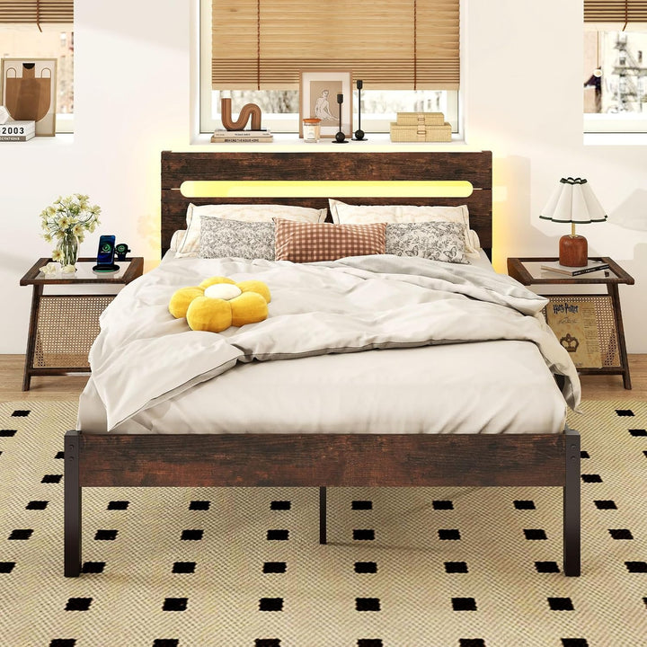 Giantex Full Size LED Bed Frame with Charging Station Rustic Metal Platform Bed