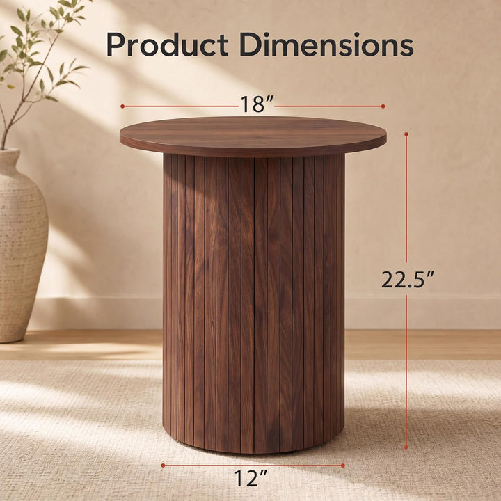 GIANTEX Round Side Table, Fluted Mid Century Modern Drum End Table | 22.5‘’ Wooden Pedestal Accent Nightstand for Bedroom