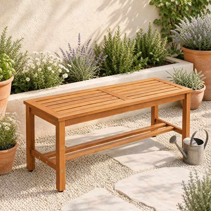 Giantex Outdoor Wooden Bench 2-Person Patio Bench w/Slatted Seat | Acacia Wood Garden Bench with Adjustable Foot Pads for Porch