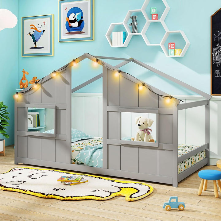 Giantex Twin Kids House Bed with Light Bulbs Wooden Montessori Floor Bed Frame with Roof &amp; Windows