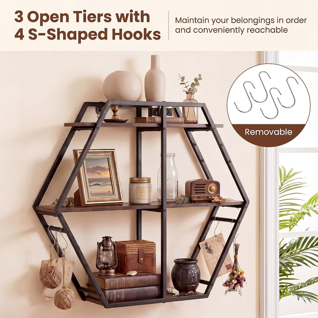 GIANTEX Industrial Hexagon Wall Shelf with 3-Tier Storage Shelves &amp; 4 Hooks | Decorative Wall Display Rack Unit with Metal Frame