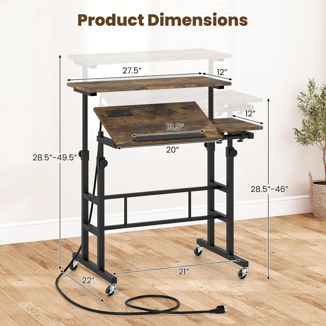 GIANTEX Mobile Standing Desk, Adjustable Rolling Computer Desk (Brown) | Tilting Desktop &amp; Storage Shelves
