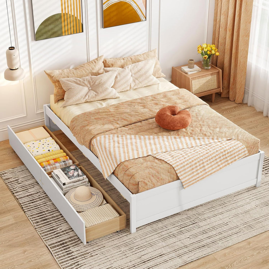 Giantex Queen/Full/Twin Size Bed Frame with 2 Storage Drawers, Solid Wood Platform Bed with Slats Support
