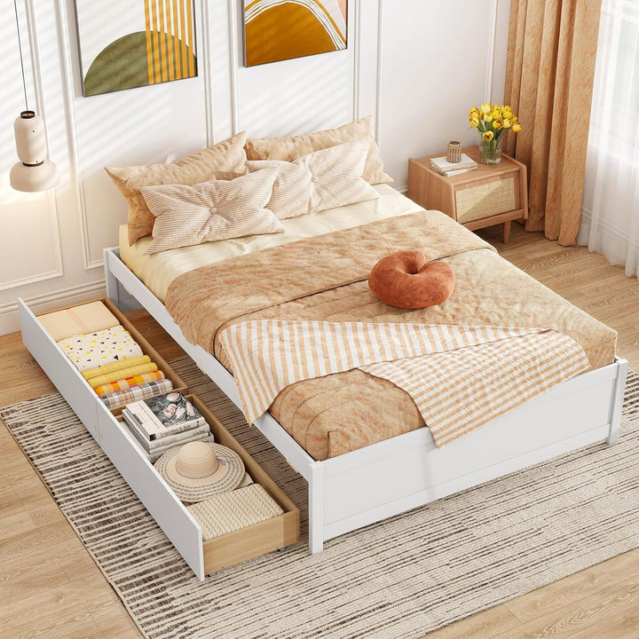 Giantex Queen/Full/Twin Size Bed Frame with 2 Storage Drawers, Solid Wood Platform Bed with Slats Support