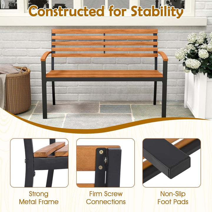 Outdoor Bench, Acacia Wood Patio Loveseat with Slatted Backrest &amp; Seat, Armrests