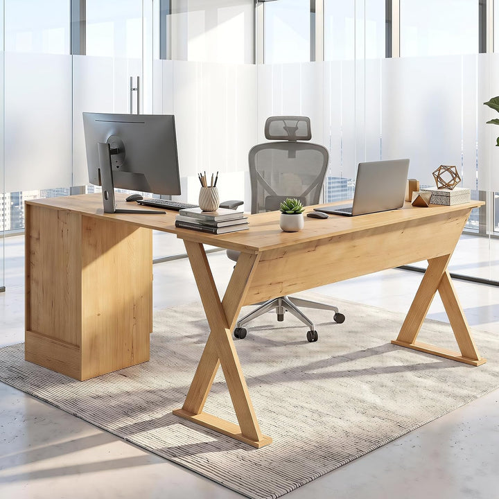 GIANTEX L-Shaped Computer Desk with Reversible Drawer &amp; Cabinet | Home Office Desk with X-shaped Structure