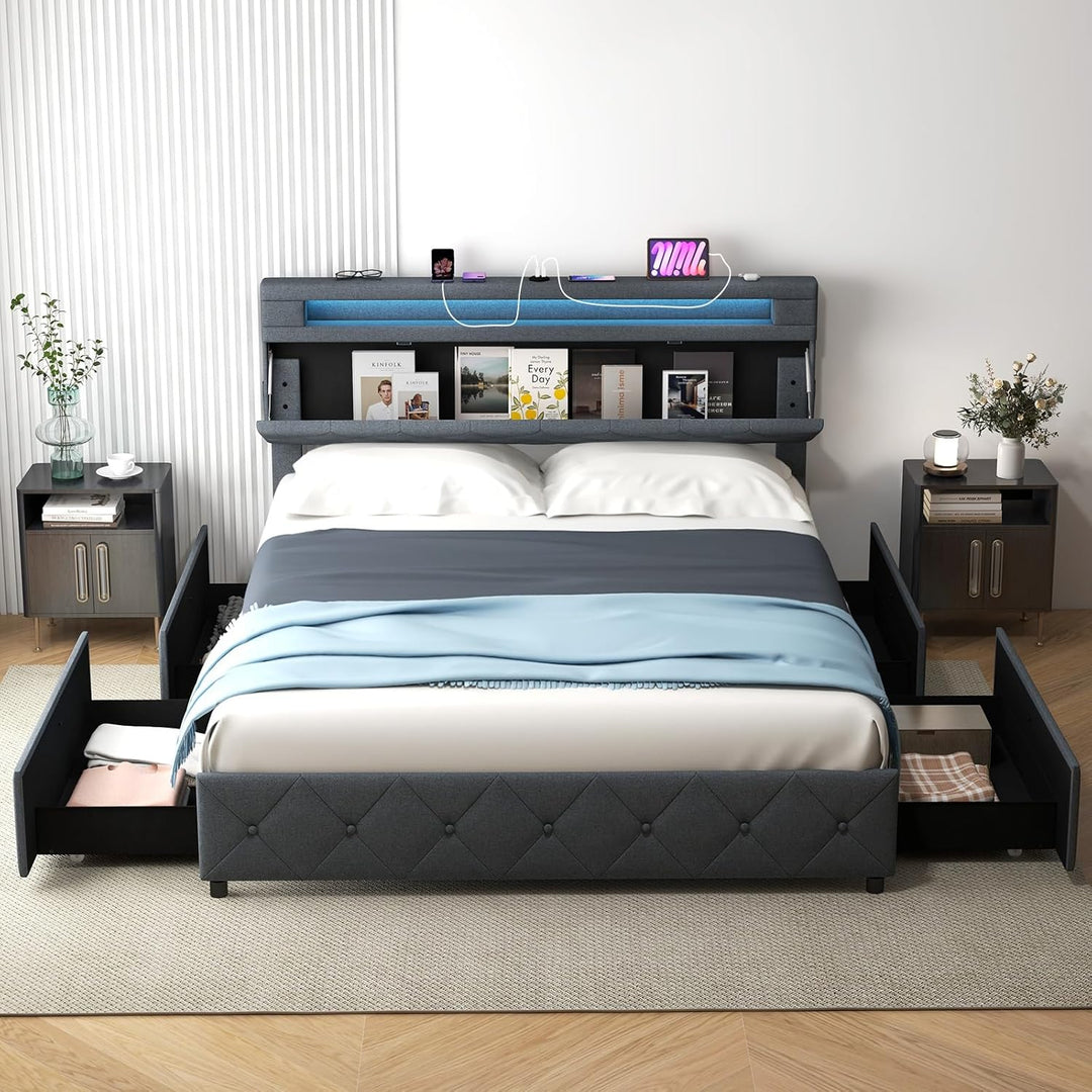 Giantex Queen/Full Size Bed Frame with Storage Headboard and 4 Drawers, Modern Upholstered Platform Bed with Charging Station