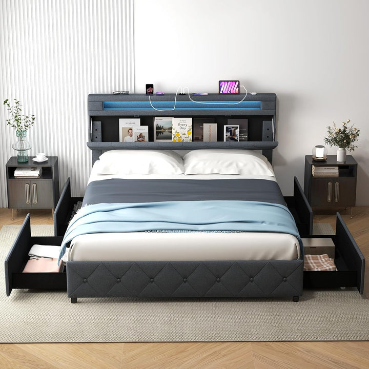Giantex Queen/Full Size Bed Frame with Storage Headboard and 4 Drawers, Modern Upholstered Platform Bed with Charging Station