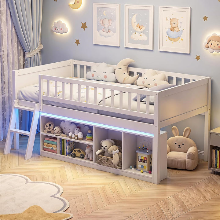 GIANTEX Low Loft Bed Twin Size with LED Lights