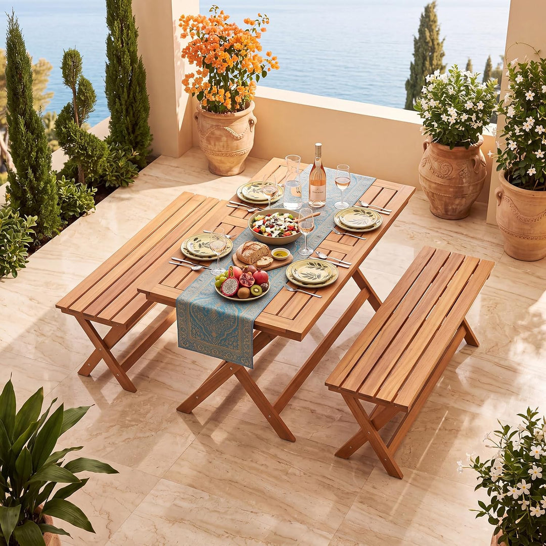 Giantex Outdoor Wooden Bench Backless Patio Bench with Slatted Seat | Wooden Garden Bench with X-Shaped Legs
